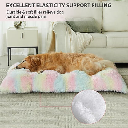 BFPETHOME Dog beds for Large Dogs, Plush Crate Bed with Fluffy Cozy Kennel pad, Washable Mats with Anti-Slip Bottom for Large Dogs, 41"x27", Rainbow