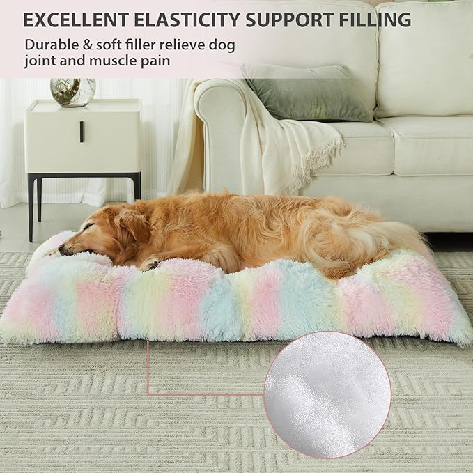 BFPETHOME Dog Beds for Large Dogs, Plush Dog Crate Bed Fluffy Cozy Kennel Pad for Sleeping &Ease Anxiety, Washable Pet Mats with Anti-Slip Bottom for Large Medium Dogs, Pet Bed, Rainbow