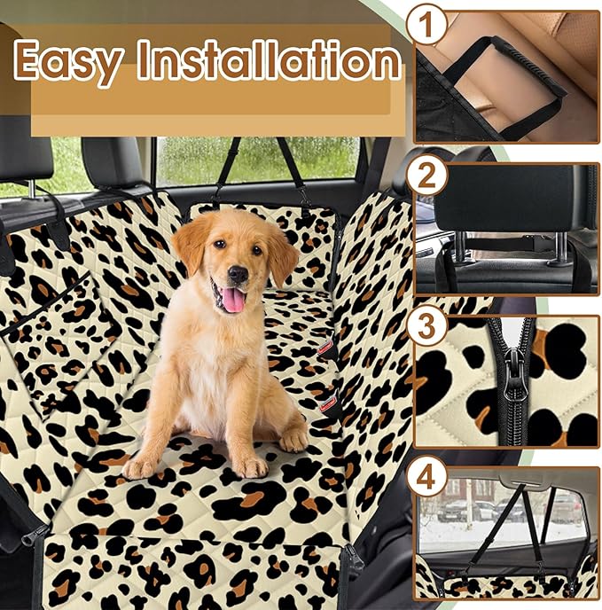 NECKORY Waterproof Dog Car Seat Cover for Back Seat - Durable, Scratch Proof Pet Hammock with Nonslip Design & Storage Pockets, Fits Cars, SUVs, Trucks- S, Leopard/Black