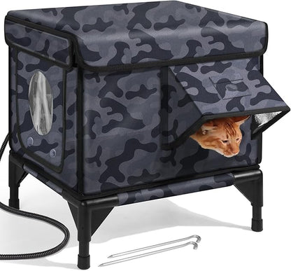 Outdoor Heated Cat House in Winter,Extremely Insulated & Weatherproof,Elevated Feral Cat Shelter with Waterproof Eaves & Escape Door for Outside Stray Barn Cat (Dark Camo,S)