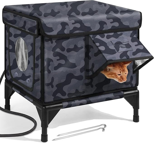 Outdoor Heated Cat House in Winter,Extremely Insulated & Weatherproof,Elevated Feral Cat Shelter with Waterproof Eaves & Escape Door for Outside Stray Barn Cat (Dark Camo,S)