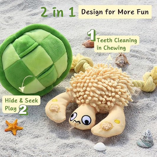Pawfoo Lab Interactive Dog Toys, Durable Chew Squeaky Tug of War Toys for Large Medium Small Dogs, Snuffle Puppy Toy for Teeth Cleaning, 2 in 1 Puzzle Toy, Birthday Gift -Turtle