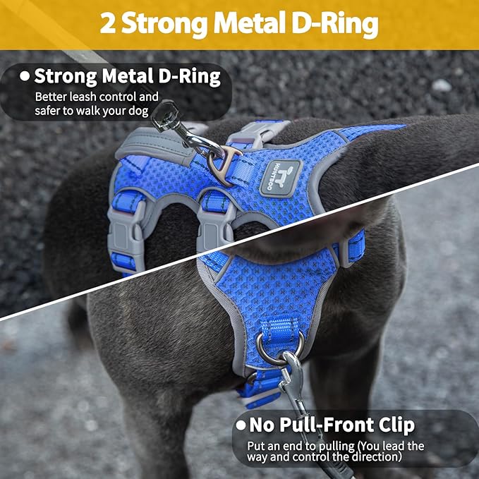 Huntboo Escape Proof Dog Harness,No Pull Reflective Harness with Lift Handle,Adjustable Pet Vest with Front and Back Leash Clips for Small Medium Large Dogs Walking Hiking Training (Sea Blue,XL)