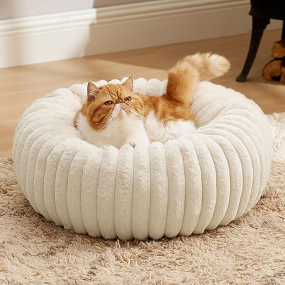 Bedsure ComfyFleece Cat beds for Indoor Cats - Donut Dog Beds for Small Dogs with Corduroy Fleece & Anti Slip Bottom, Faux Fur Pet Beds with Washable Removable Cover, Cream, 20x20x6 inches