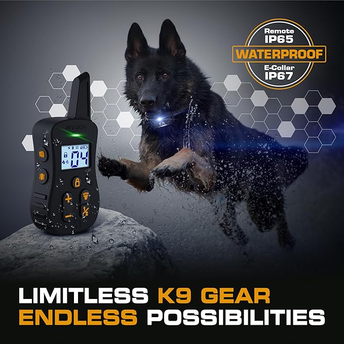 INVIROX Ultra K9 Dog Training Collar, 124 Levels for Reactive, Stubborn or Hard-to-Train Dogs, Long Range ¾ Mile, Night-Light Mode, Safe Communication, IP67 Waterproof E Collar for Large Dogs
