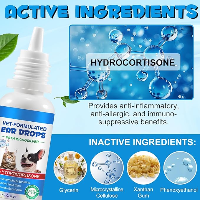 Ear Infection Treatment Drops for Dogs and Cats,with 1% Hydrocortisone Soothing Dog Yeast Infection, Itchy Ear Relief-Treats Ear Infections for Dogs & Cats - 2 fl oz