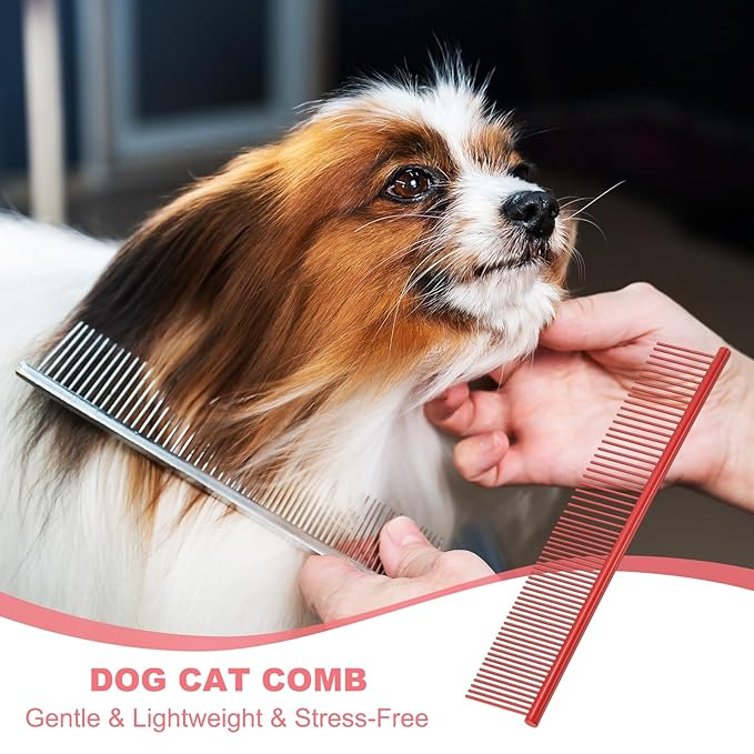 PETAXCELL Dog Cat Comb, Pet Combs Stainless Steel Teeth with Rounded Ends for Knots Mats Loose Hair Removal, 7.5IN (Red Coated, 3 Pack), Grooming Tool Intended for Long Curly Hair Pet