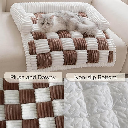 Couch Covers for Dogs and Cats, Fuzzy Dog Sofa bed with Cream Square Plaid, Plush Pet Couch Cover Bed, Thickened Quilted Furniture Protector Mat for Large Medium Pets (Dark Brown 27.56"*27.56")