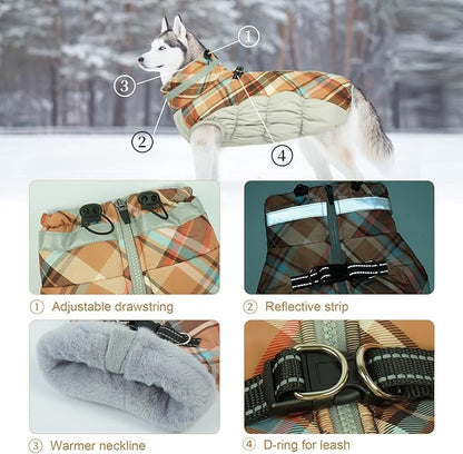 Lelepet Warm Dog Winter Coat Dog Coats for Small Dogs Waterproof Dogs Jacket with Harness Built in Reflective Cold Weather Coats Windproof Zip-Up Winter Fleece Vest Snowsuit Chihuahua Brown Plaid