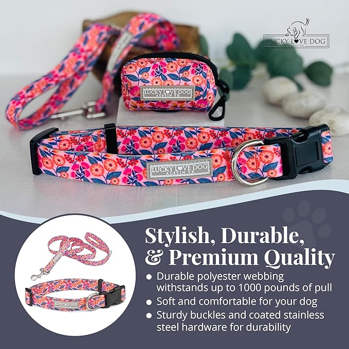 Lucky Love Dog - Easy Click Buckle Dog Collar with Leash Set Combo, Durable & Comfortable for Male & Female Dogs, Pet Collar for Small Dogs, Secure Fit - Floral Rosie Combo, Small
