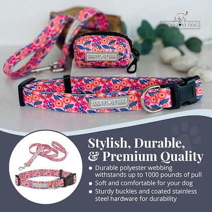 Lucky Love Dog - Easy Click Buckle Dog Collar with Leash Set Combo, Durable & Comfortable for Male & Female Dogs, Pet Collar for Small Dogs, Secure Fit - Floral Rosie Combo, Small