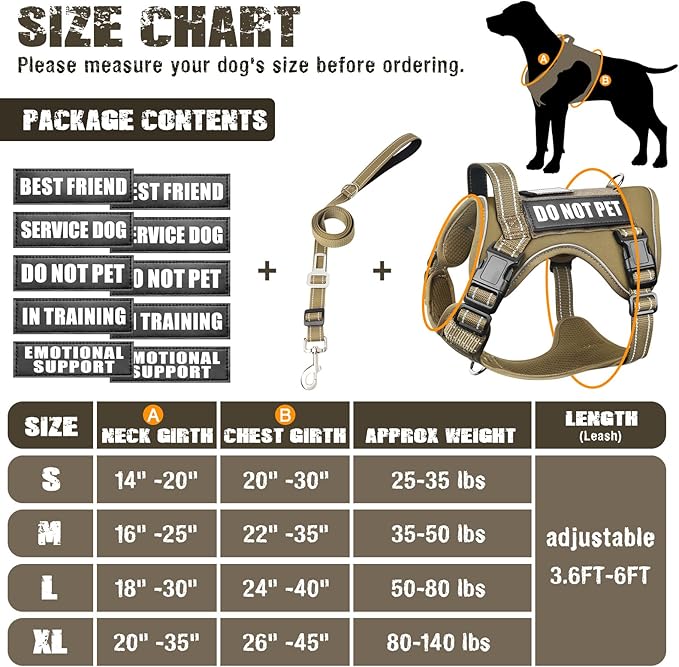 MOOGROU Tactical Dog Harness and Leash Set Small Sized Dog,Heavy Duty No Pull Service Dog Vest and 10 Patches with Dog Seat Belt,Reflective Adjustable Pet Harness for Training Walking Hiking Brown S