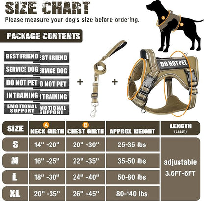 MOOGROU Tactical Dog Harness and Leash Set Small Sized Dog,Heavy Duty No Pull Service Dog Vest and 10 Patches with Dog Seat Belt,Reflective Adjustable Pet Harness for Training Walking Hiking Brown S