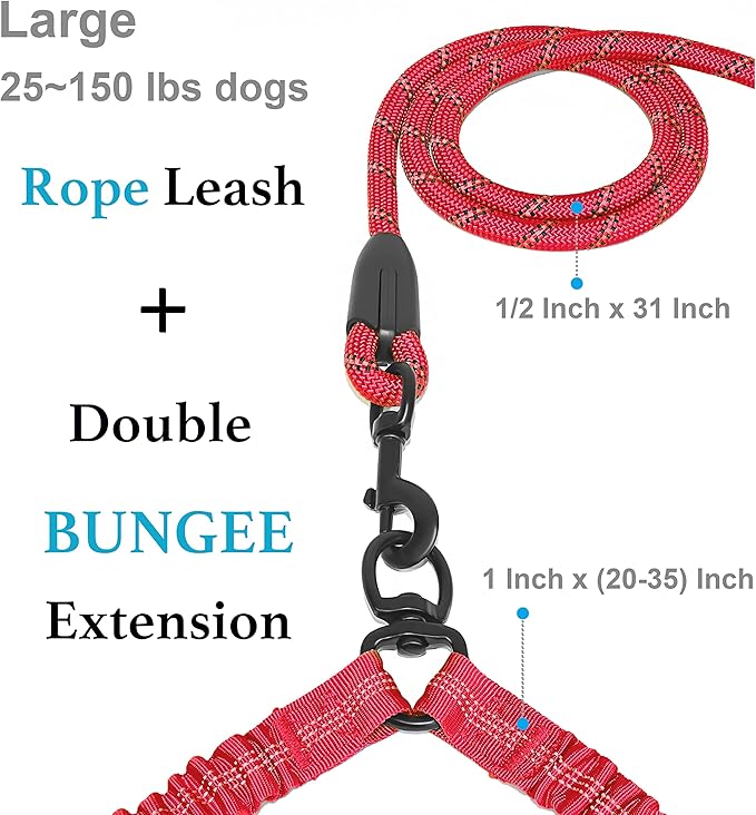 iYoShop Dual Dog Leash - 360° Swivel, No Tangle Walking Leash with Shock Absorbing Bungee for Two Dogs (Large, 25-150 lbs, Red)
