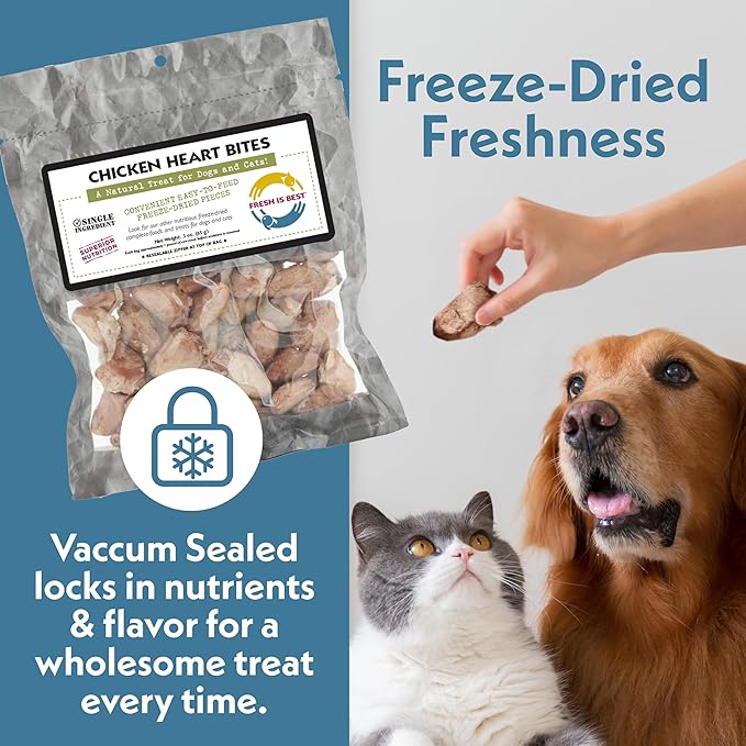 Fresh Is Best Freeze Dried Dog Treats - Raw Freeze Dried Chicken Hearts for Dogs & Cats - Dog Training Treats in Resealable Zipper Bag - High-Protein Single Ingredient - Made in The USA