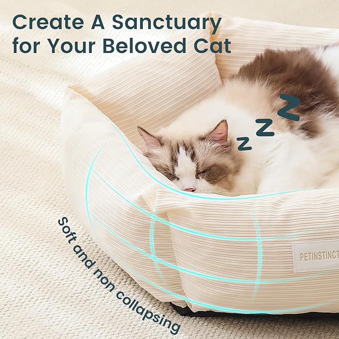 Petinstinct Cat Bed, 22 Inch Washable Corduroy Cat and Small Dog Bed with Removable Cover & Anti-Slip Bottom, Calming Comfort Pet Bed for Pets up to 15 lbs (Cream White)