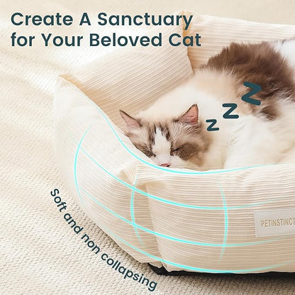 Petinstinct Cat Bed, 22 Inch Washable Corduroy Cat and Small Dog Bed with Removable Cover & Anti-Slip Bottom, Calming Comfort Pet Bed for Pets up to 15 lbs (Cream White)