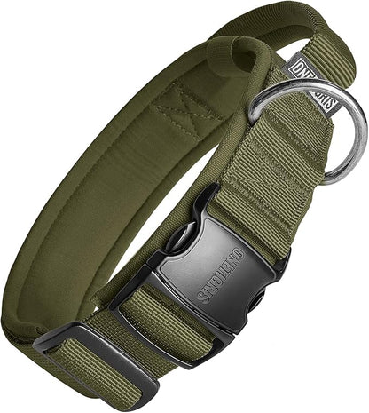 OneTigris Tough Dog Collars, Tactical Dog Collar with Handle, Milltary Adjustable Dog Collar with Heavy Duty Metal Buckle for Training (Large(Pack of 1), Green)