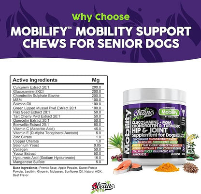 Hip and Joint Supplement Dogs with Glucosamine for Dogs + Chondroitin, Turmeric, Hyaluronic Acid, MSM, Salmon Oil, Collagen, Vitamin C, Omega 3 Senior Dog Supplements Beef Flavor - 1Pack