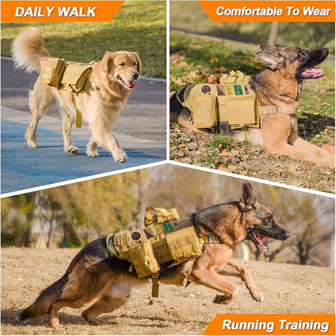 AIWAI Tactical Dog Harness with Pouches,Dog Vest Harness for Large Medium Dogs No-Pull Adjustable Military Dog Harness with Handle Walking Hiking Training (Khaki(with Leash), L)