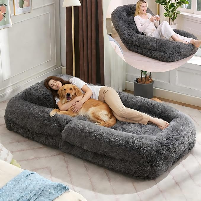 KEIKI 69" Human Dog Bed for Adults, Giant Plush Faux Fur Dog Bed with Adjustable Recliner, Foldable Nest Sofa Couch with Pillows for Bedroom or Living Room, Dark Gray