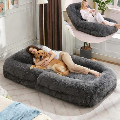 KEIKI 69" Human Dog Bed for Adults, Giant Plush Faux Fur Dog Bed with Adjustable Recliner, Foldable Nest Sofa Couch with Pillows for Bedroom or Living Room, Dark Gray