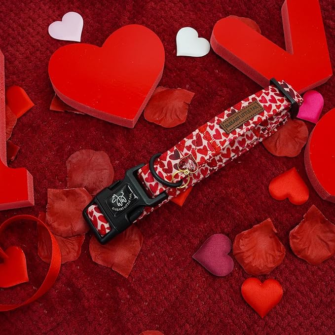 Elegant little tail Valentine's Dog Collar, Red Heart Dog Collars Female or Male Adjustable Cotton Pet Collar with Quick Release Buckle for Small Medium Large Dogs