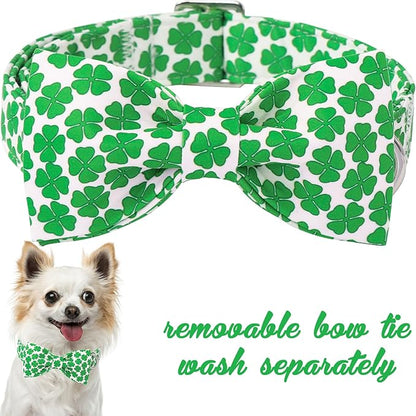 Unique Style Paws St. Patrick's Dog Collar with Bow Green Clover Cotton Puppy Collars Wedding Navigation for Small Medium Large Dogs