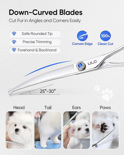 ULG Curved Dog Shears for Grooming, 7.0" Professional Curved Dog Grooming Scissors for Trimming and Cutting, 440C Stainless Steel Pet Hair Scissors