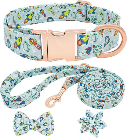 Dog Collar and Leash Set Adjustable Girls Puppy Floral Collars with Bow Tie for Small Medium Large Dogs(L, Rocket)