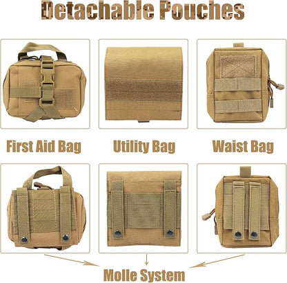 AIWAI Tactical Dog Harness with Pouches,Dog Vest Harness for Large Medium Dogs No-Pull Adjustable Military Dog Harness with Handle Walking Hiking Training (Khaki, XL)