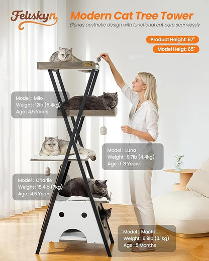 Modern Wood Cat Tree Tower for Indoor Cats Large Adult - 67 Inch Tall Multi-Level Heavy Duty Cat Condo Trees Furniture with Caves Perch Bed Scratching Board - XL Big Sturdy Wooden Kitty Climbing House