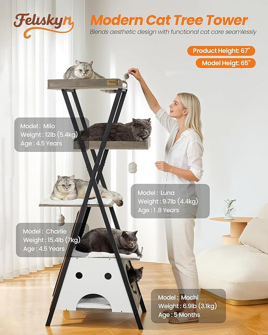 Modern Wood Cat Tree Tower for Indoor Cats Large Adult - 67 Inch Tall Multi-Level Heavy Duty Cat Condo Trees Furniture with Caves Perch Bed Scratching Board - XL Big Sturdy Wooden Kitty Climbing House