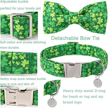 St. Patrick's Day Dog Collar with Bow Tie, Lucky Shamrock Bowtie Collar Adjustable for Girl Boy Dog, Trefoil Dogs Collars Durable, Spring Green Collars for Dogs, XL, Neck 16-26in