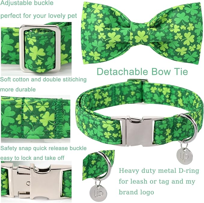 St. Patrick's Day Dog Collar with Bow Tie, Lucky Shamrock Bowtie Collar Adjustable for Girl Boy Dog, Trefoil Dogs Collars Durable, Spring Green Collars for Dogs, S, Neck 10-16in