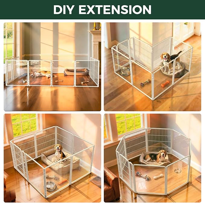 FXW Acrylic & Wire Mesh Indoor Dog Playpen, Heavy Duty 32 Inch 8 Panels Metal Dog Pen for Small and Medium Dogs, White│Patented