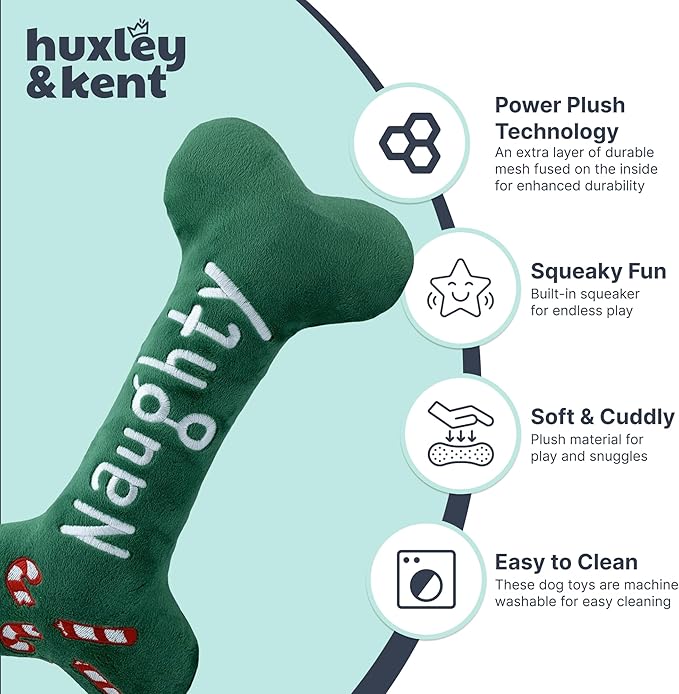 Huxley & Kent Funny Dog Toy w/Squeaker – Holiday Power Plush Squeaky Dog Toys for Small, Medium & Large Dogs – Soft Stuffed Animal for Indoor Play & Fetch - Naughty Nice Bone, Small
