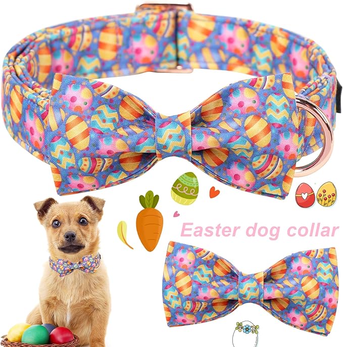 ARING PET Easter Dog Collar, Cute Purple Easter Eggs Pet Collars with Bow Tie for Puppy Small Medium Large Dogs-S