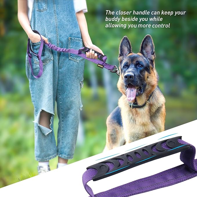 AUBELL Tactical Dog Leash Heavy Duty,4-6ft Reflective Strong No Pull Bungee Leash for Medium Large Dogs with Comfortable Padded Double Handle,Car Seat Belt,360 Degree Rotating Carabiner,Purple