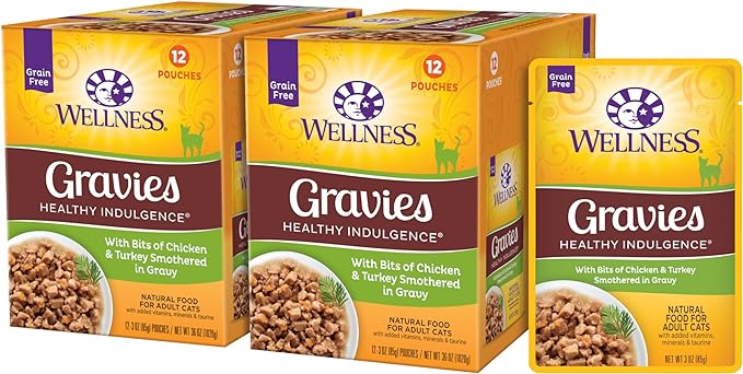 Wellness Healthly Indulgence Gravy Adult Wet Cat Food, Natural, Protein-Rich, Grain Free, 3 Ounce Pouch, 24 Pack, (Chicken & Turkey)