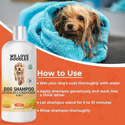 We Love Doodles Dog Shampoo, Conditioner, & Detangler - Shampoo for Dogs, Goldendoodles, Poodles & Doodles, for Matted Pet Hair & Sensitive Skin, Made in The USA, Mango, 16 oz