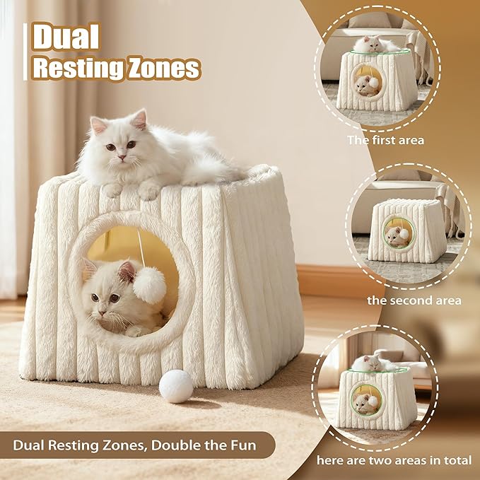 Indoor Cat House - Large Cat Bed Cave with Fluffy Balls and Scratch Pads, Foldable House and Apartment with Pads, Suitable for Multiple Cats(White, Large)