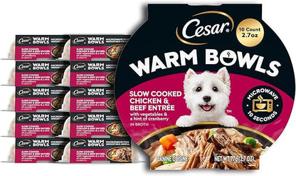 Cesar Warm Bowls Wet Dog Food Chicken & Beef Entrée with Vegetables & a Hint of Cranberry in Broth, Wet Food for Dogs, 2.7 oz Bowls, 10 Count