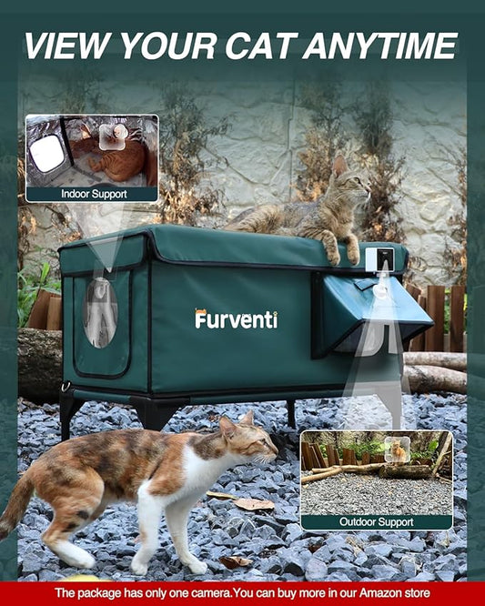 Heated Cat House for Outside,Dual Camera Mounts,100% Weatherproof & Extremely Insulated,Elevated Feral Cat Shelter with Escape Door,Waterproof Eaves for Outdoor Stray Barn Cat(Dark Green, L with Cam)