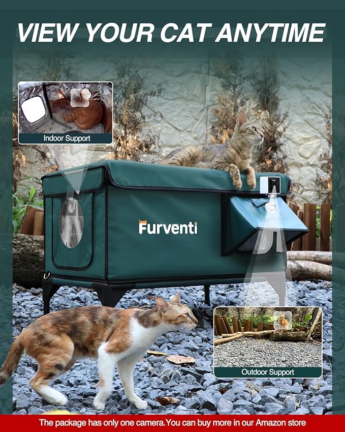 Outdoor Heated Cat House in Winter,Extremely Insulated & Weatherproof,Elevated Feral Cat Shelter with Waterproof Eaves & Escape Door for Outside Stray Barn Cat (Green, L with Cam) 28.0