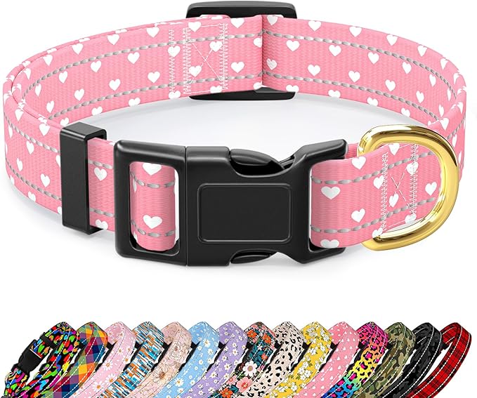 Reflective Dog Collar for Extra Small Dogs, Cute Adjustable Heavy-Duty Nylon Puppy Collars for Boy and Girl Female, Soft Pet Accessories with Quick Release Buckle, Neck 8-12", Pink Hearts