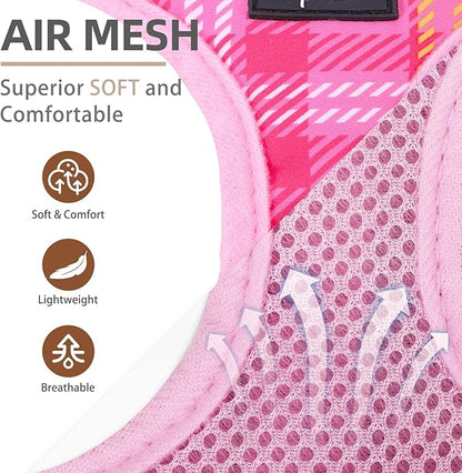 PUPTECK Dog Harness and Leash Set for Small Medium Dogs No Pull Step-in Soft Mesh Puppy Cat Vest Harnesses Reflective at Night, Plaid Pattern Pink M