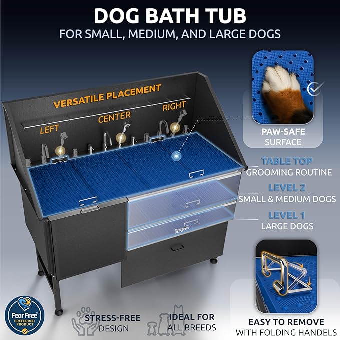 KANIS Professional Dog Washing Station - 304 Stainless Steel Pet Wash Sink & Grooming Bathtub w/Shower, Floor Grates and Storage for Large, Medium & Small Pets (61, Black 1 Drawer - Left RAMP)