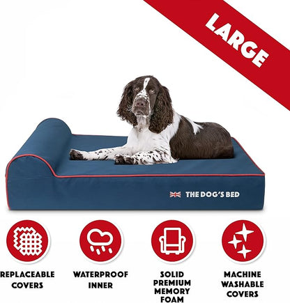 The Dog’s Bed Orthopedic Headrest Dog Bed Large Blue Oxford with Red Trim UK Flag Dog Bed, Memory Foam, Hip & Elbow Dysplasia, Post Surgery, Waterproof Washable Cover, Veterinary Approved