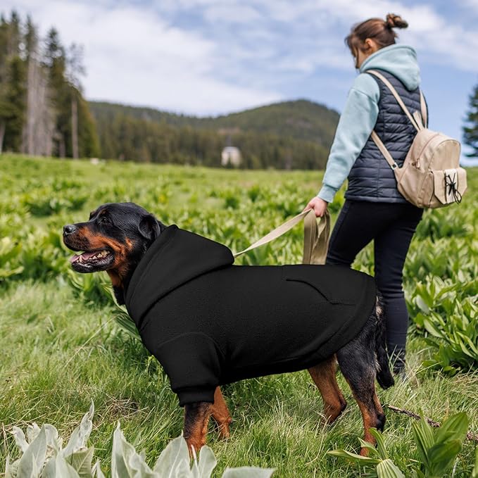 Dog Sweaters for Large Dogs,Dog Hoodie,Warm Fleece Sweatshirt with Hood & Pocket,Leash Hole,Cozy Cold Weather Pet Clothes Sweater Hoodie for Large Dogs(Black,L)